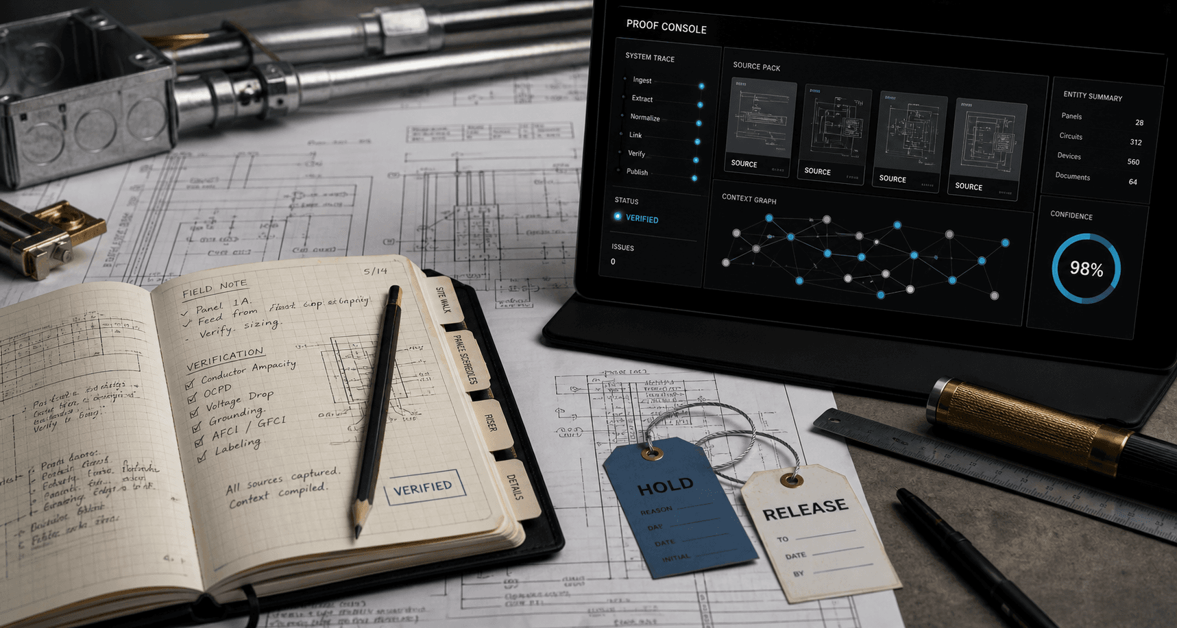 A premium work surface with electrical drawings, field notes, and an abstract AI proof console.
